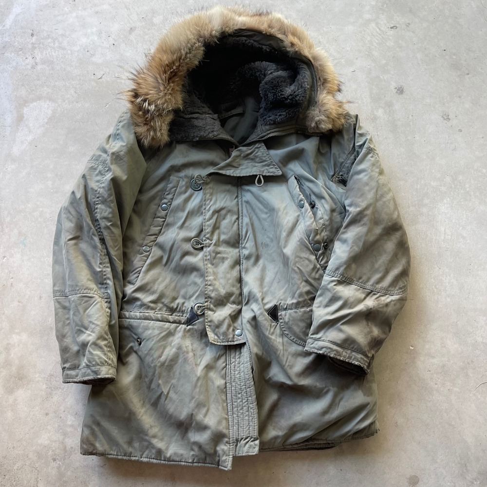 Vintage N-3B Snorkel Parka Jacket Olive Green Scovill Zip Faux Fur Hood Men L